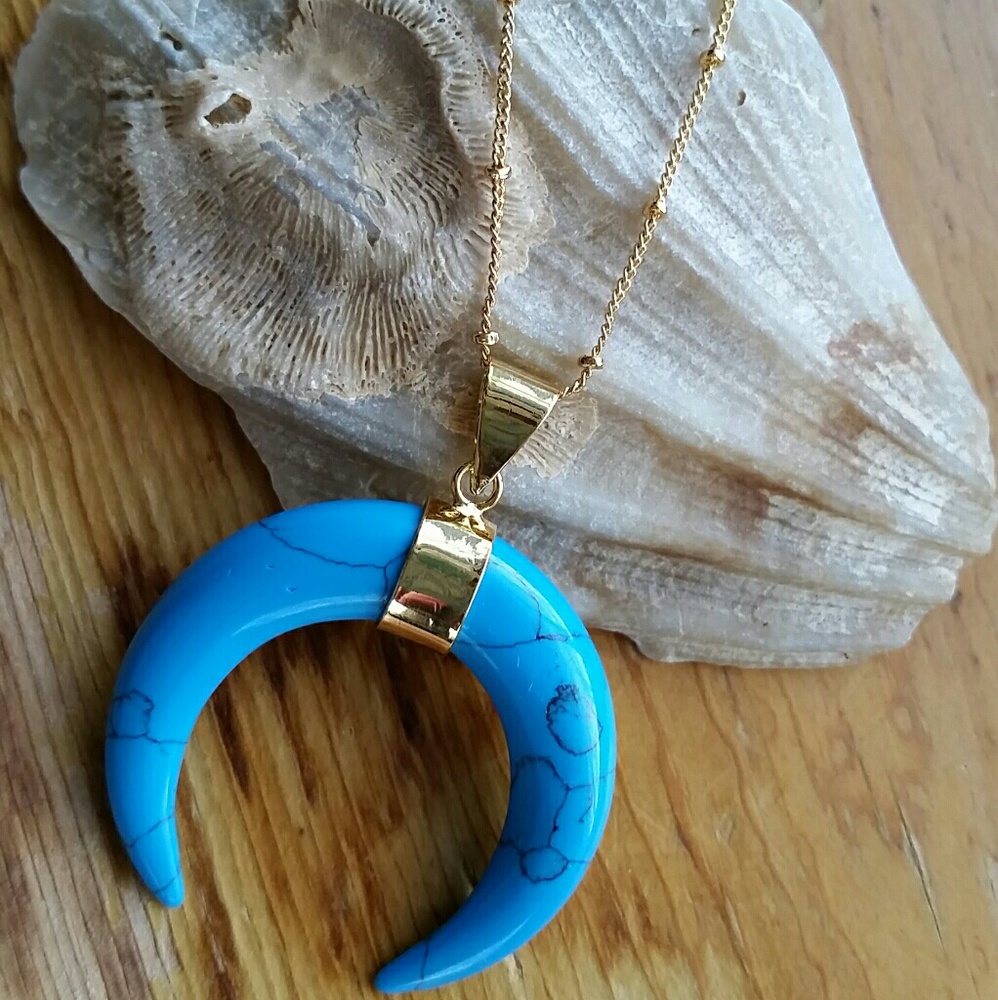 Blue Howlite Crescent Horn Gold Necklace